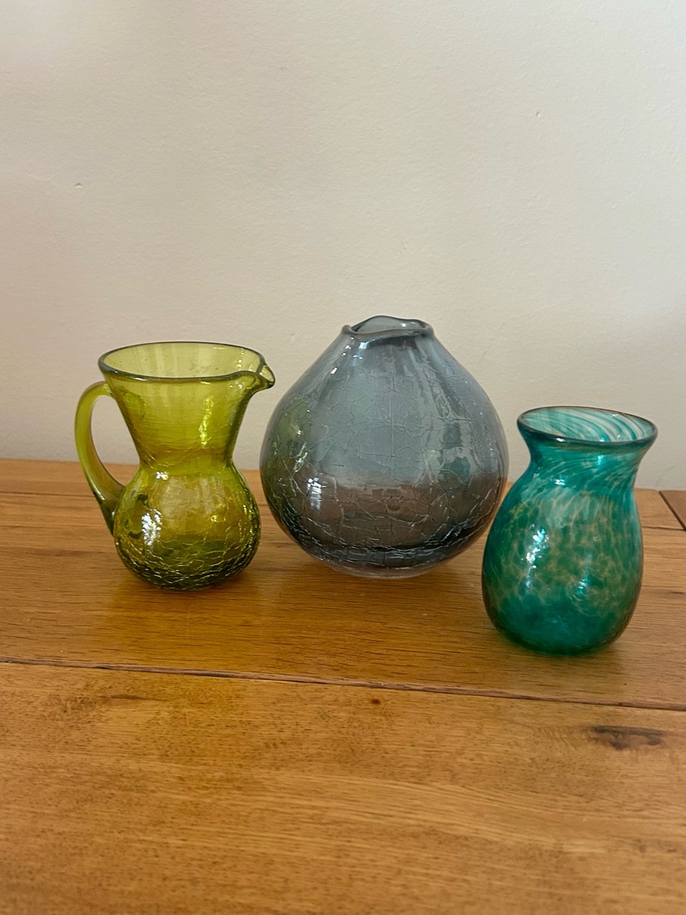 Anthropologie Handblown Glass Vase Trio in Lime, Teal, Smoke